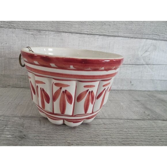 Vintage Bassano Italy Pottery Mixing Bowl Red & White Floral Design - Picture 2 of 7
